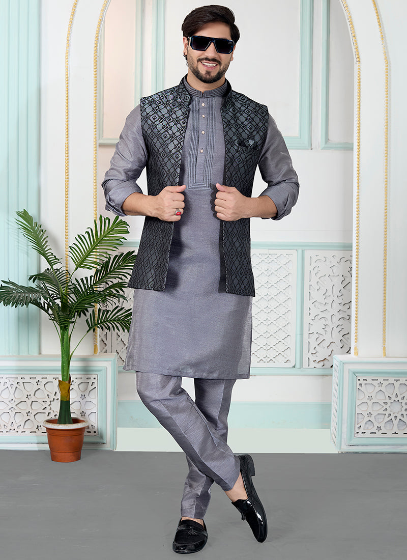 Grey Art Banarasi Silk Pintux Wedding Wear Readymade Modi Jacket Kurta Pajama SW367804