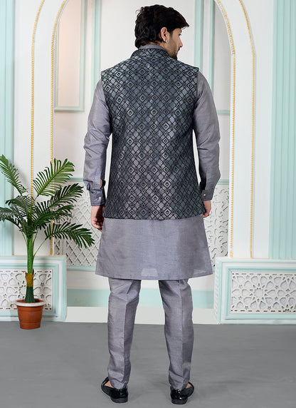 Grey Art Banarasi Silk Pintux Wedding Wear Readymade Modi Jacket Kurta Pajama SW367804
