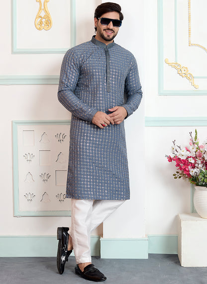 Grey Art Silk Pintux Eid Wear Readymade Kurta Pajama SW514468