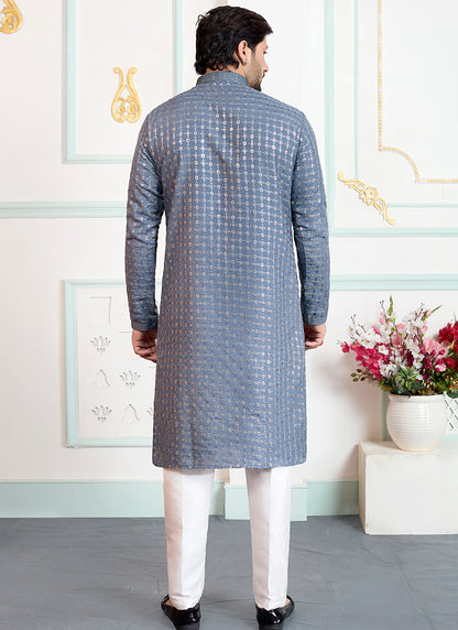 Grey Art Silk Pintux Eid Wear Readymade Kurta Pajama SW514468