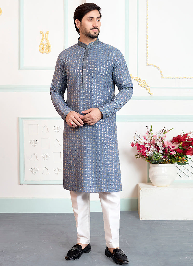Grey Art Silk Pintux Eid Wear Readymade Kurta Pajama SW514468