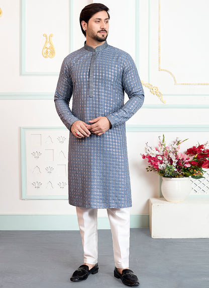 Grey Art Silk Pintux Eid Wear Readymade Kurta Pajama SW514468