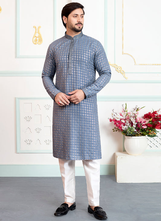 Grey Art Silk Pintux Eid Wear Readymade Kurta Pajama SW514468