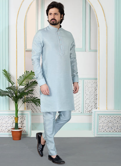 Grey Art Silk Pintux Occasional Wear Readymade Kurta Pajama SW186430