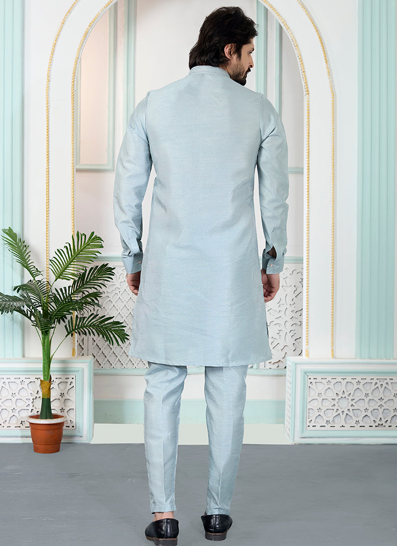Grey Art Silk Pintux Occasional Wear Readymade Kurta Pajama SW186430