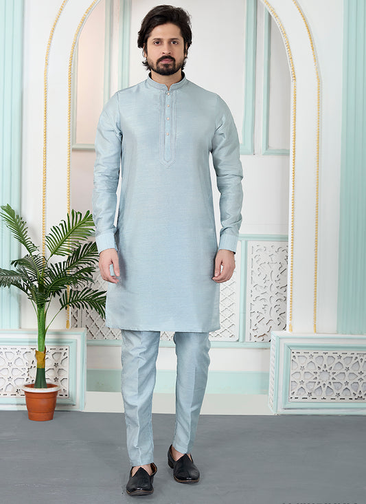 Grey Art Silk Pintux Occasional Wear Readymade Kurta Pajama SW186430