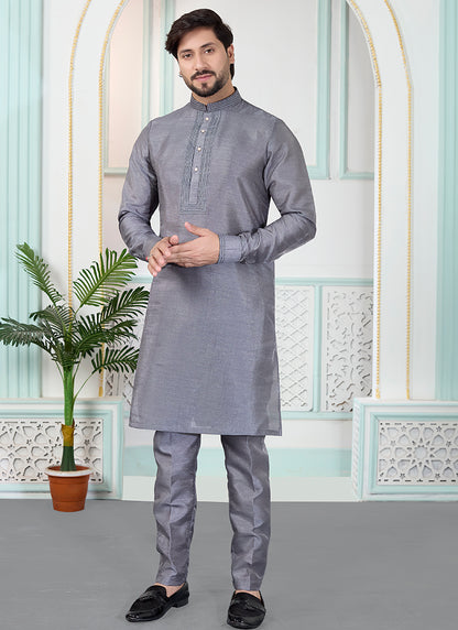 Grey Art Silk Pintux Occasional Wear Readymade Kurta Pajama SW481584