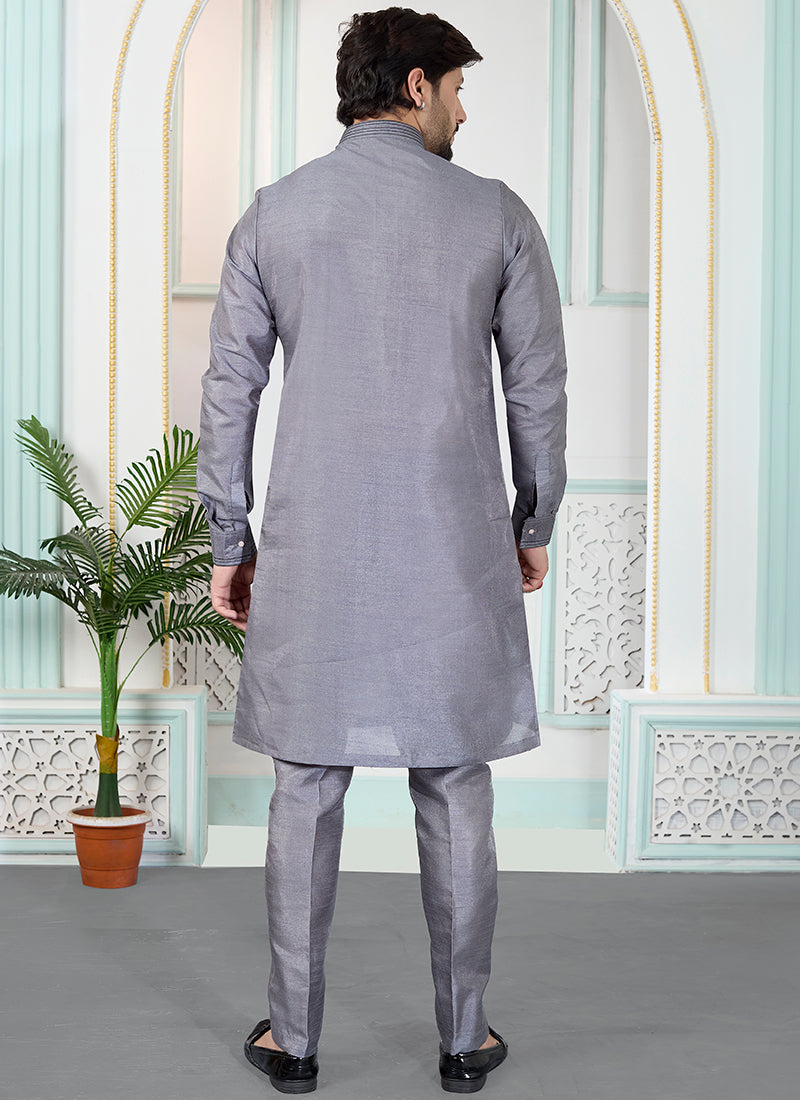 Grey Art Silk Pintux Occasional Wear Readymade Kurta Pajama SW481584