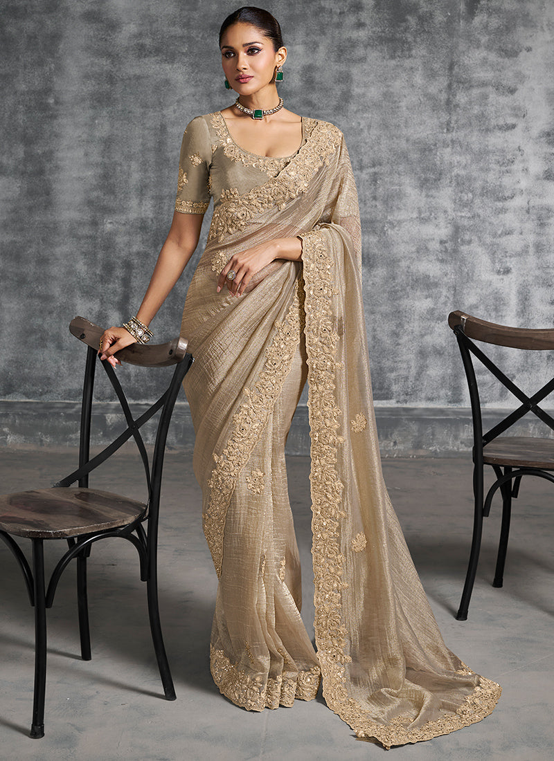 Silk Gold Saree with Embroidery Work for Wedding Wear 385006