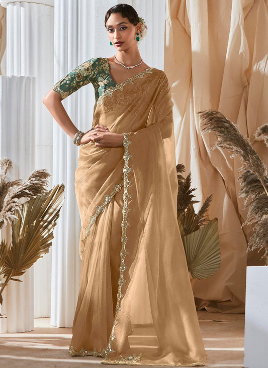 Fancy Gold Bridal Wear Saree with Lace Work 381698