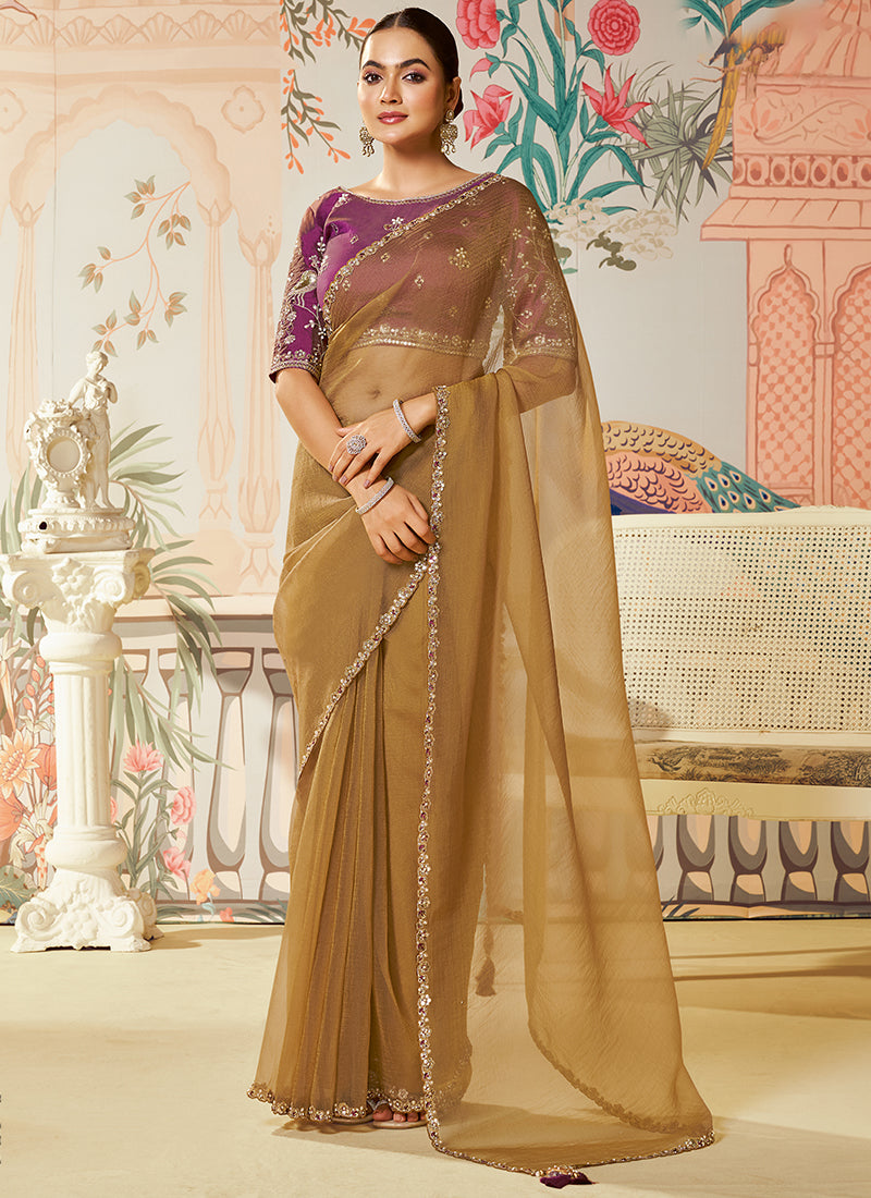 Silk Gold Saree with Embroidery Work for Festival Wear 385030