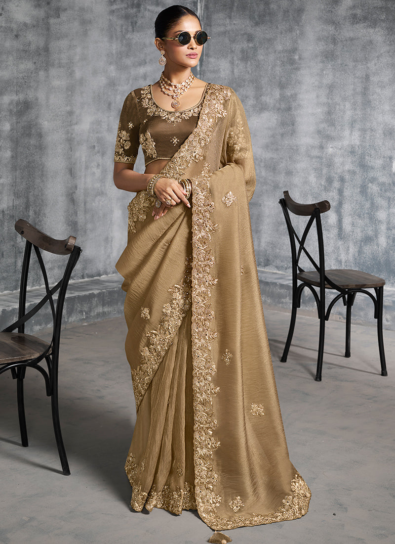 Silk Gold Saree with Embroidery Work for Wedding Wear 385014