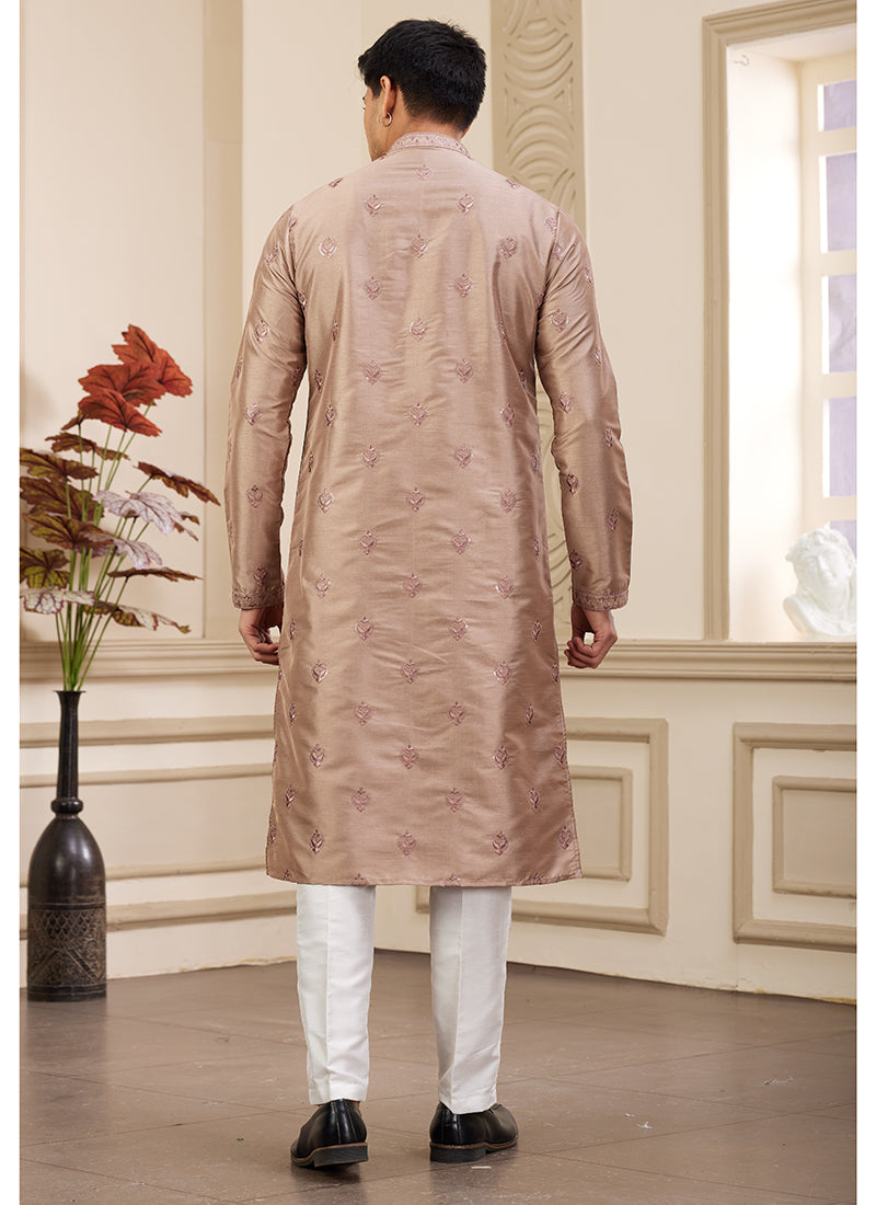 Golden Art Silk Readymade Kurta Pajama for Festive Occasions