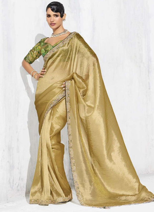 Fancy Fabric Golden Beige Designer Saree with Thread Embroidery Work for Wedding Wear 384475