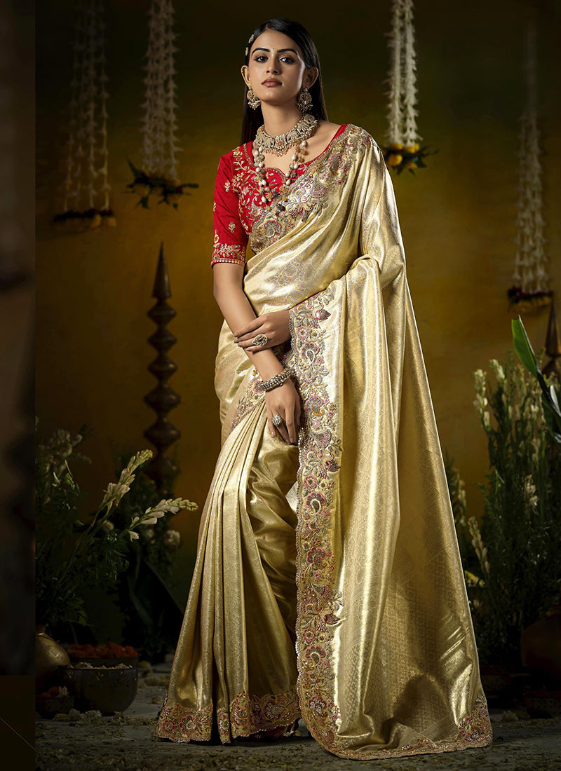 Silk Golden Beige Saree with Embroidery Work for Wedding Wear 382432