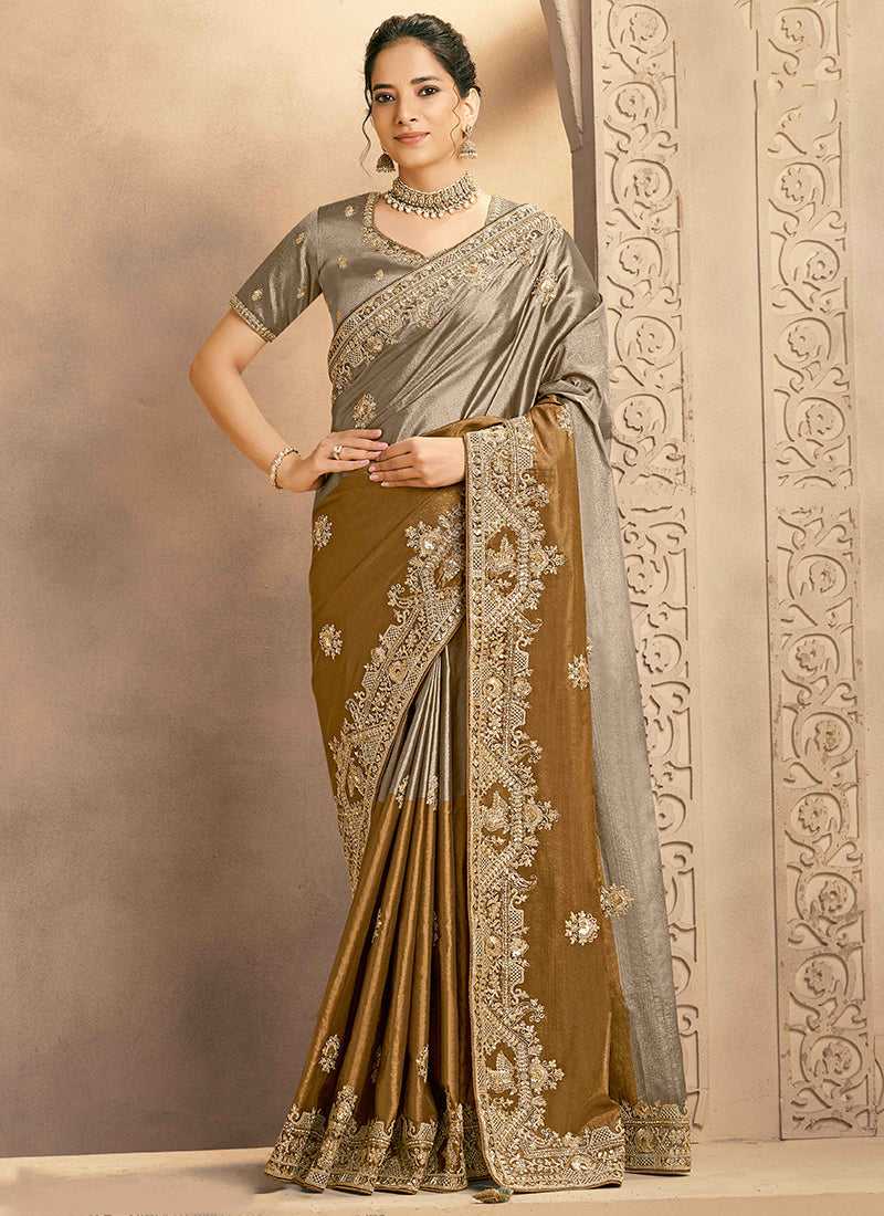 Zari Silk Golden Brown Wedding Wear Embroidery Work Ethnic Wedding Saree 386404