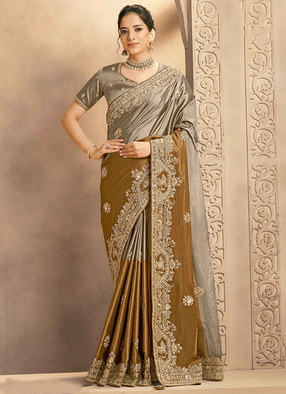 Zari Silk Golden Brown Wedding Wear Embroidery Work Ethnic Wedding Saree 386404