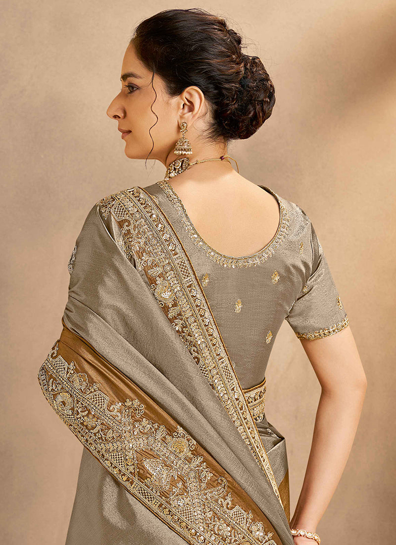 Zari Silk Golden Brown Wedding Wear Embroidery Work Ethnic Wedding Saree 386404