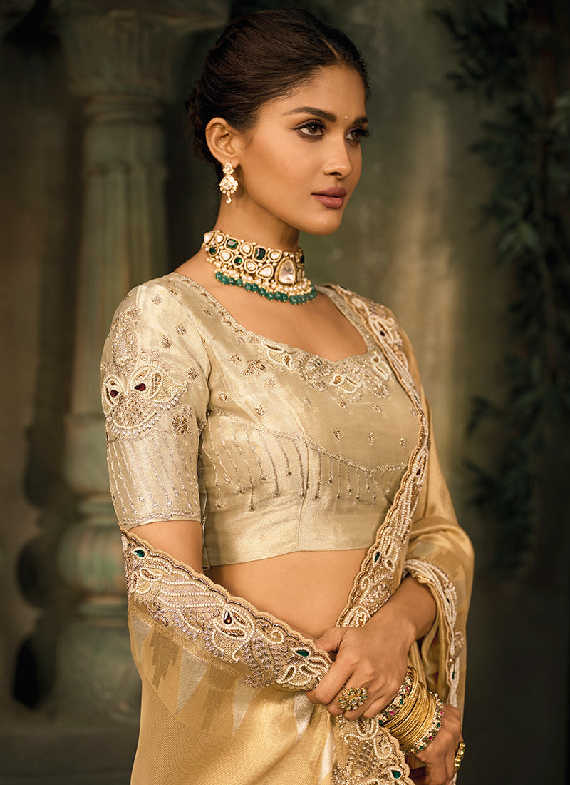 Golden Giraffe Silk Embroidery Work Wedding Wear Wedding Saree SW433946