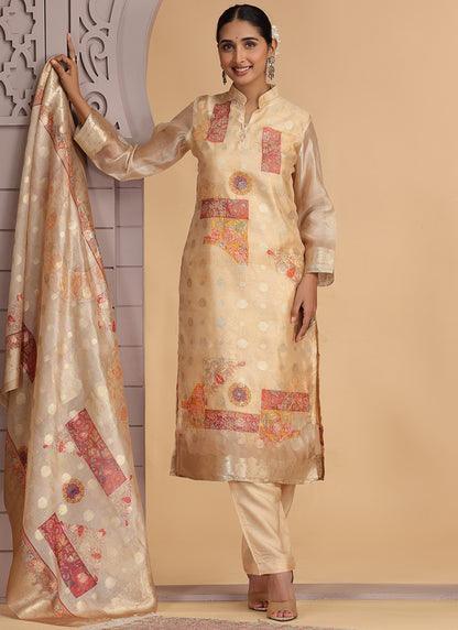 Organza Jacquard Golden Party Wear Pattern Pc Work Readymade Salwar Suit 386179