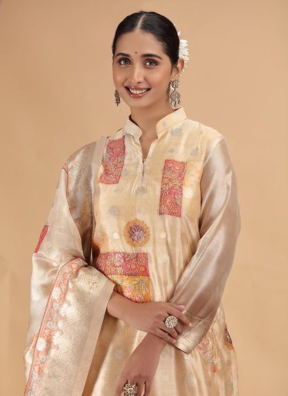 Organza Jacquard Golden Party Wear Pattern Pc Work Readymade Salwar Suit 386179