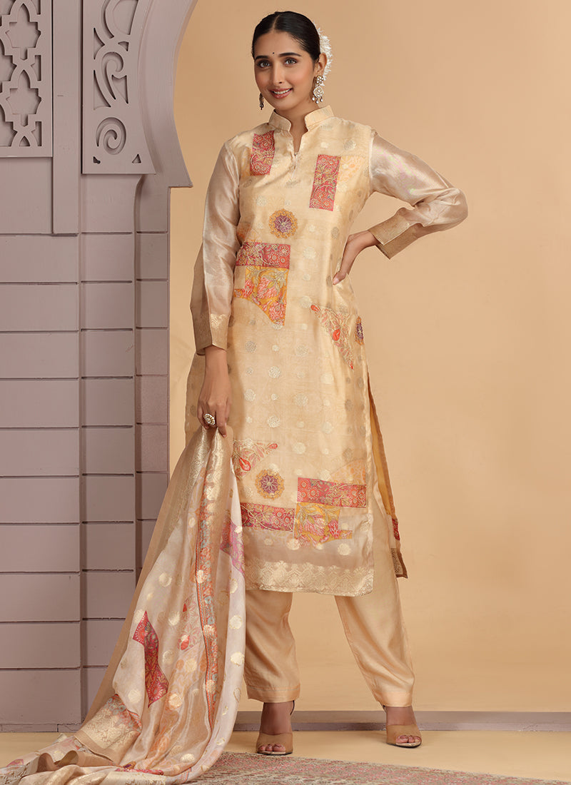 Organza Jacquard Golden Party Wear Pattern Pc Work Readymade Salwar Suit 386179