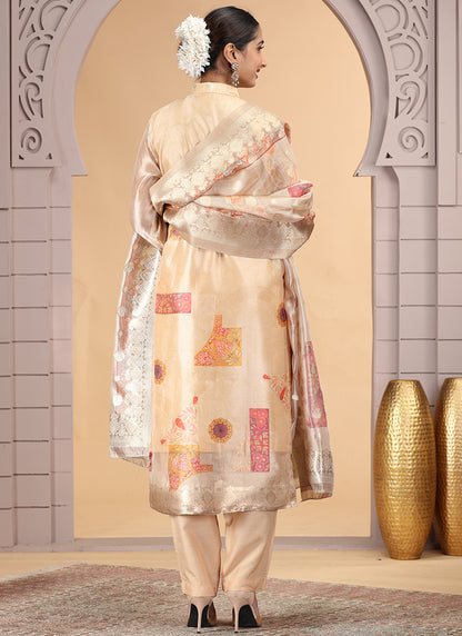 Organza Jacquard Golden Party Wear Pattern Pc Work Readymade Salwar Suit 386179