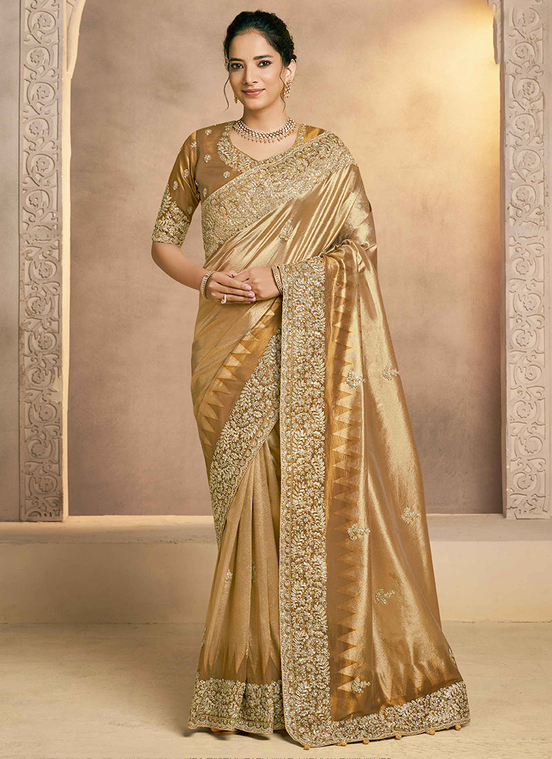 Weaved Zari Kora Silk Golden Wedding Wear Embroidery Work Ethnic Wedding Saree 386402