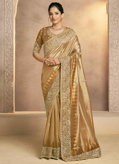 Weaved Zari Kora Silk Golden Wedding Wear Embroidery Work Ethnic Wedding Saree 386402