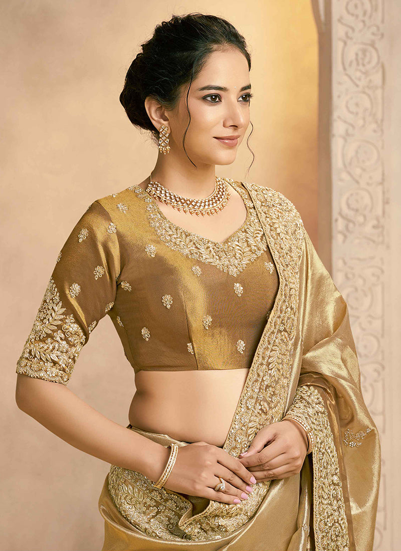 Weaved Zari Kora Silk Golden Wedding Wear Embroidery Work Ethnic Wedding Saree 386402