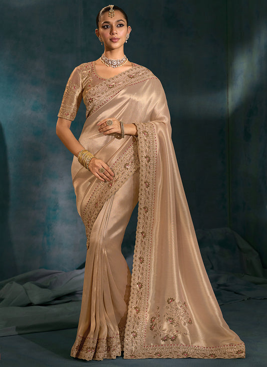 Ziraf Silk Golden Designer Saree with Heavy Work for Bridal Wear 384680