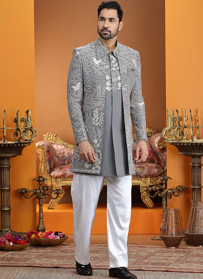 Art Silk Gray Party Wear Computer Thread Work Readymade IndoWestern Sherwani 387367