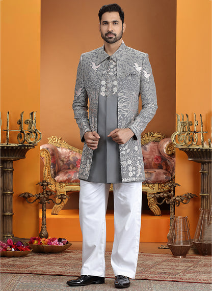 Art Silk Gray Party Wear Computer Thread Work Readymade IndoWestern Sherwani 387367