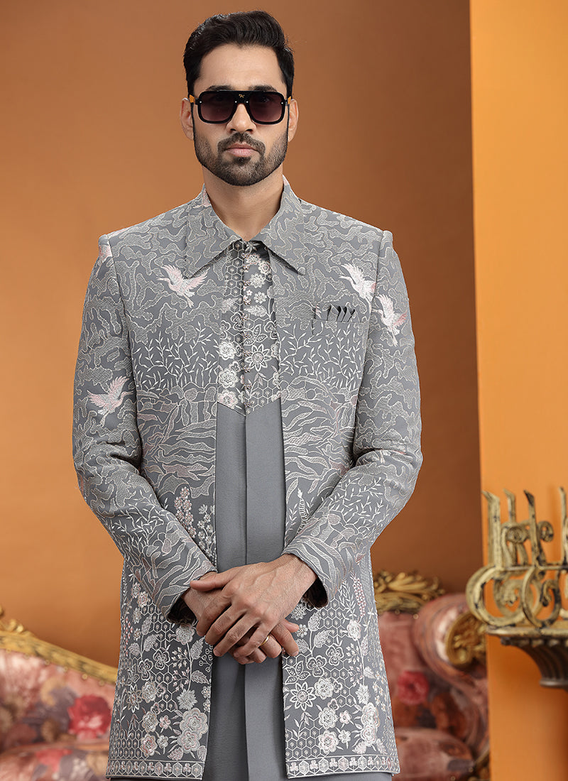 Art Silk Gray Party Wear Computer Thread Work Readymade IndoWestern Sherwani 387367