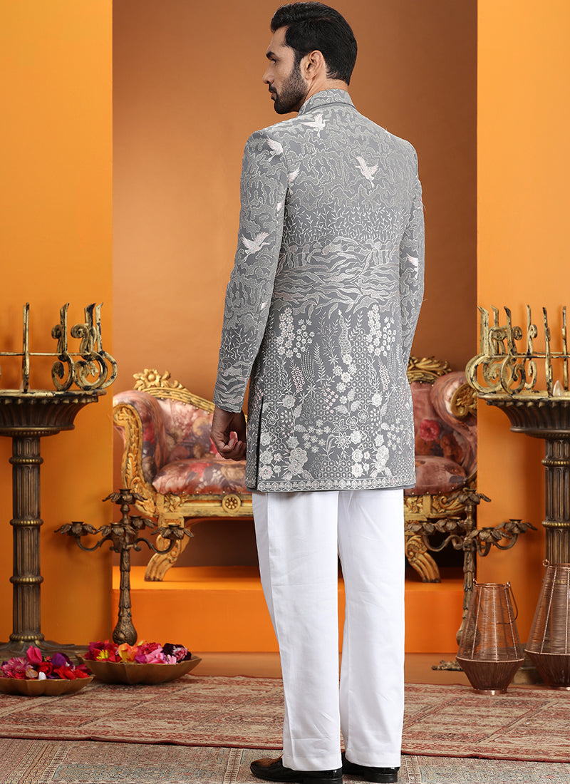 Art Silk Gray Party Wear Computer Thread Work Readymade IndoWestern Sherwani 387367
