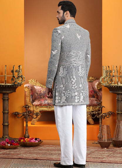 Art Silk Gray Party Wear Computer Thread Work Readymade IndoWestern Sherwani 387367