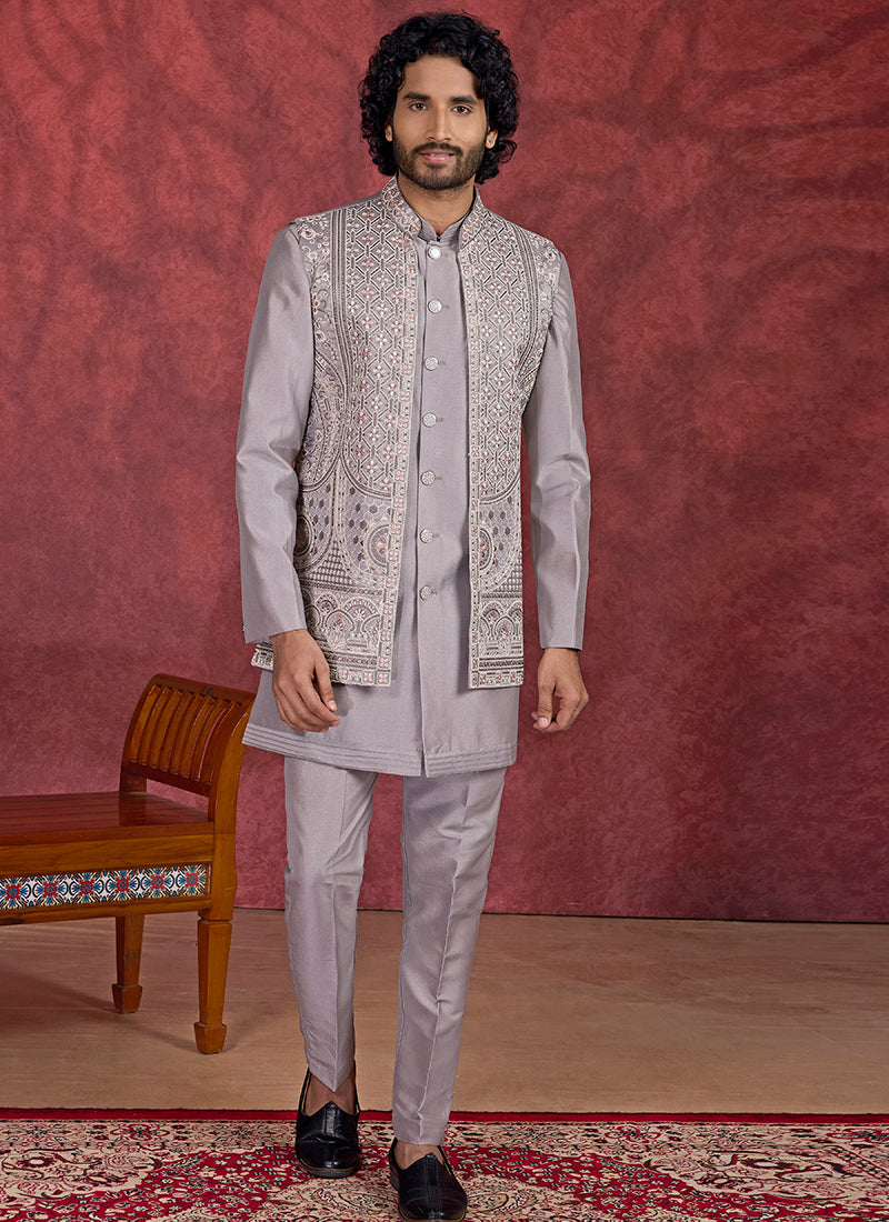 Art Silk Gray Wedding Wear Embroidery Work Readymade IndoWestern Sherwani 387382