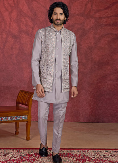 Art Silk Gray Wedding Wear Embroidery Work Readymade IndoWestern Sherwani 387382
