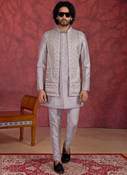 Art Silk Gray Wedding Wear Embroidery Work Readymade IndoWestern Sherwani 387382