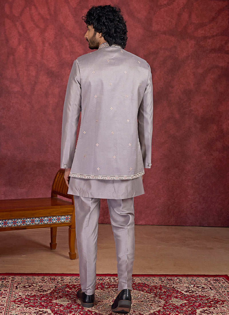 Art Silk Gray Wedding Wear Embroidery Work Readymade IndoWestern Sherwani 387382