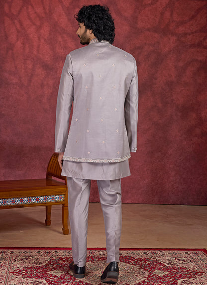 Art Silk Gray Wedding Wear Embroidery Work Readymade IndoWestern Sherwani 387382