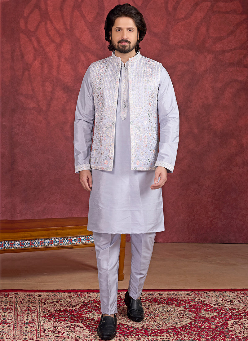 Art Silk Gray Wedding Wear Embroidery Work Readymade IndoWestern Sherwani 387387