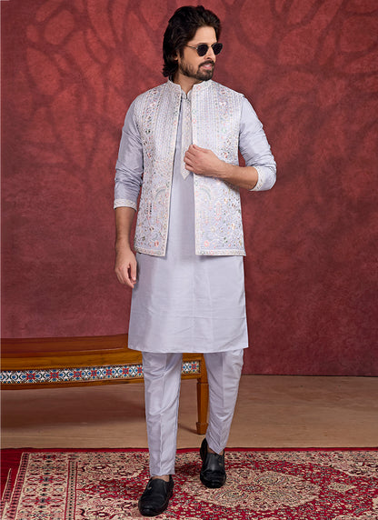 Art Silk Gray Wedding Wear Embroidery Work Readymade IndoWestern Sherwani 387387