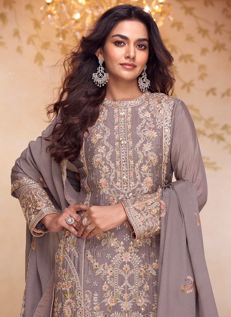 Gray Chinon Embroidery Work Festival Wear Readymade Plazzo Suit SW180820