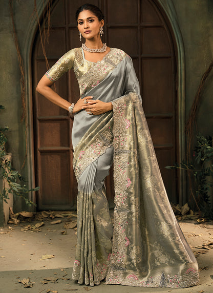 Gray Giraffe Silk Embroidery Work Wedding Wear Wedding Saree SW311119