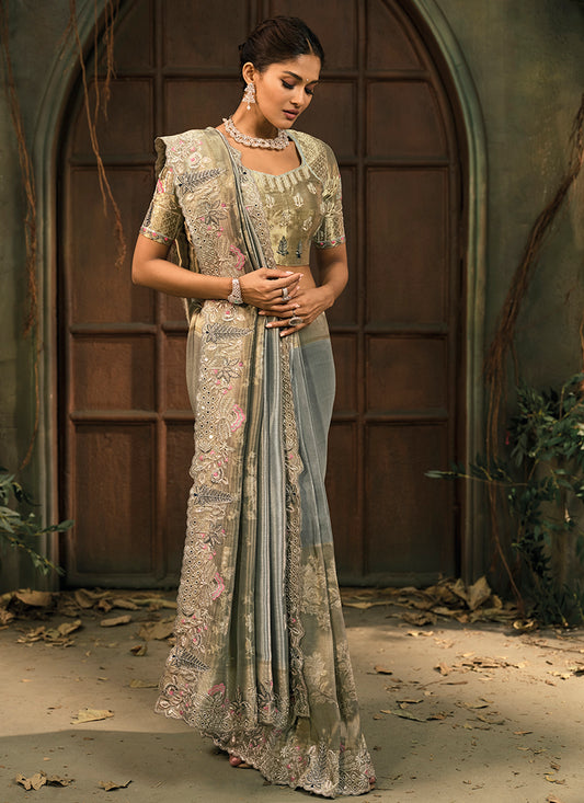 Gray Giraffe Silk Embroidery Work Wedding Wear Wedding Saree SW311119
