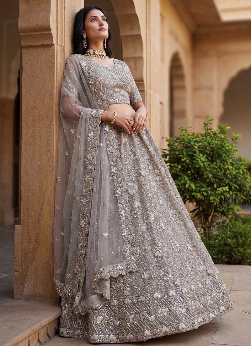 Gray Net Hand Work Wedding Wear Lehenga Choli SW522694