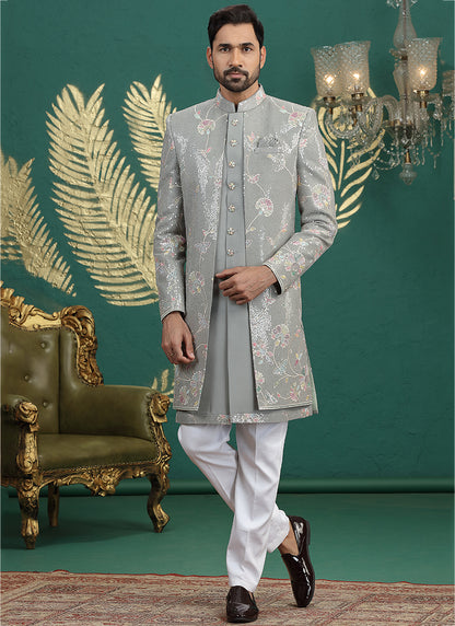 Art Silk Green Party Wear Computer Thread Work Readymade IndoWestern Sherwani 387378