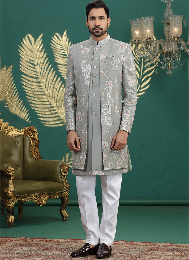 Art Silk Green Party Wear Computer Thread Work Readymade IndoWestern Sherwani 387378
