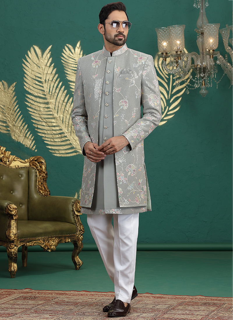 Art Silk Green Party Wear Computer Thread Work Readymade IndoWestern Sherwani 387378